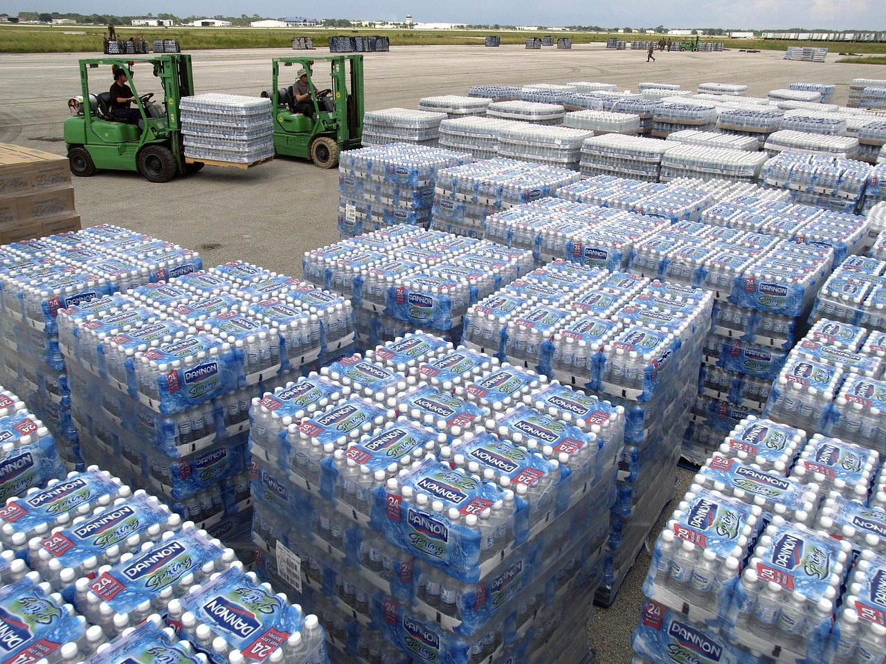 pierson, florida, water, forklifts, cases, pallets, hurricane relief, bottled, nature, outside, blue bottle