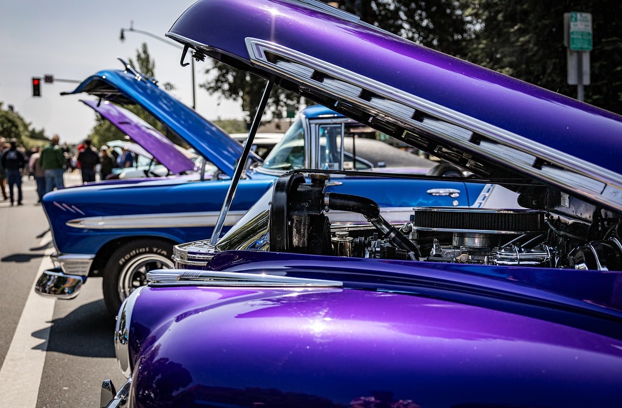 classic cars, vintage car show, purple car, blue car, chrome engine, open hood, automotive, restoration, retro cars, pet