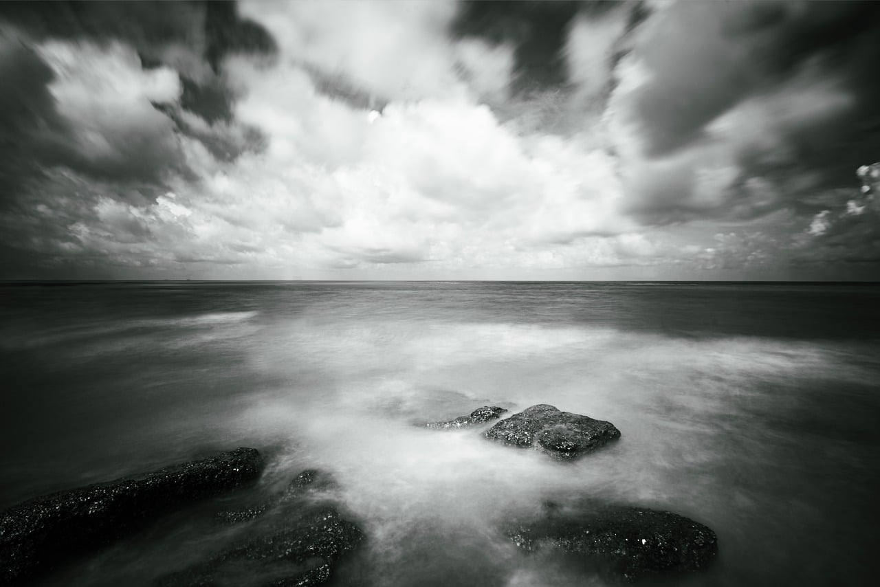 sea, black and white, photography, scenery, cloud, reef, nature, natural