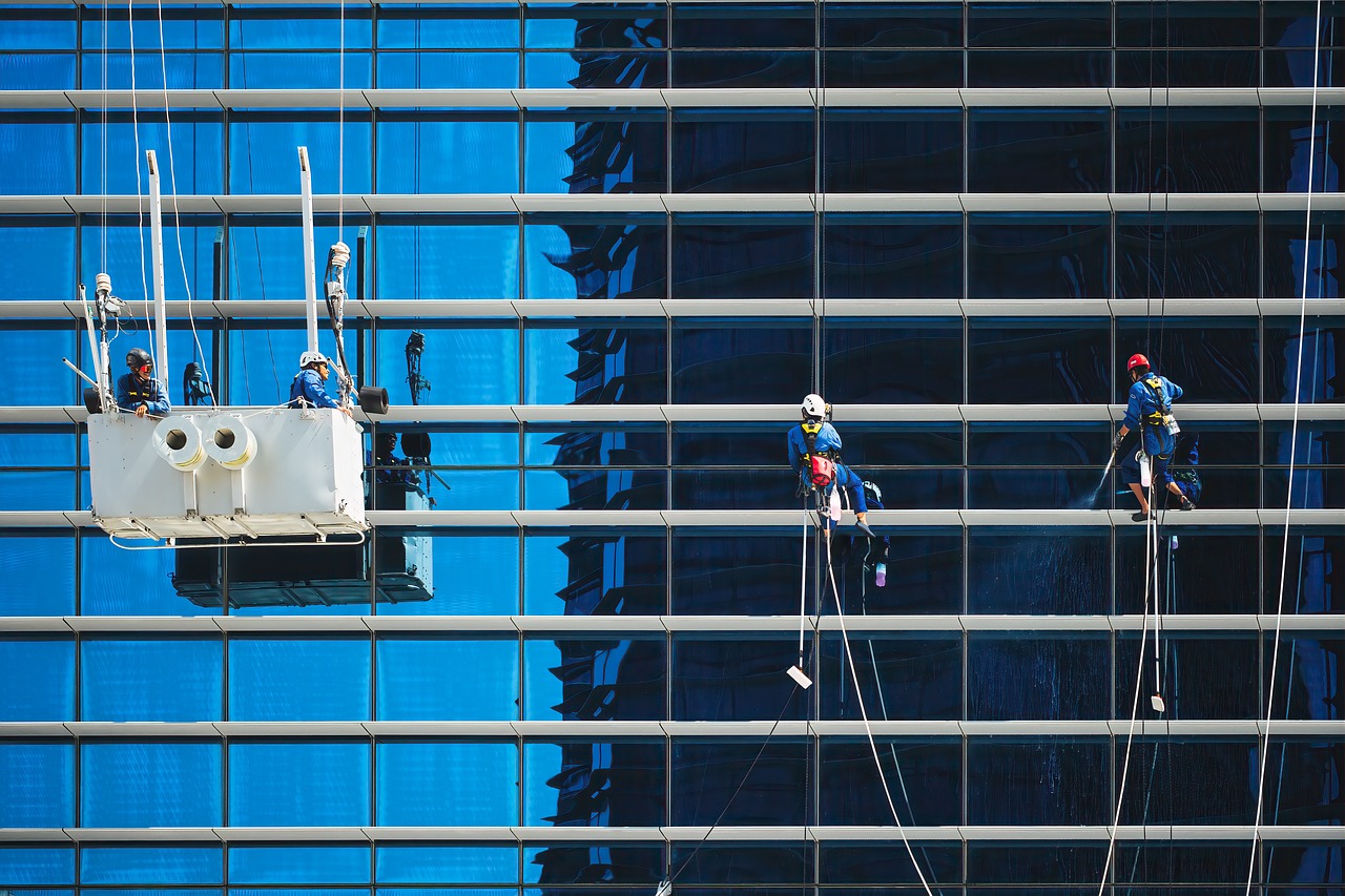 workers, windows, building, cleaners, cleaning, service, maintenance, crane cradle, glass, reflection, high-rise buildin