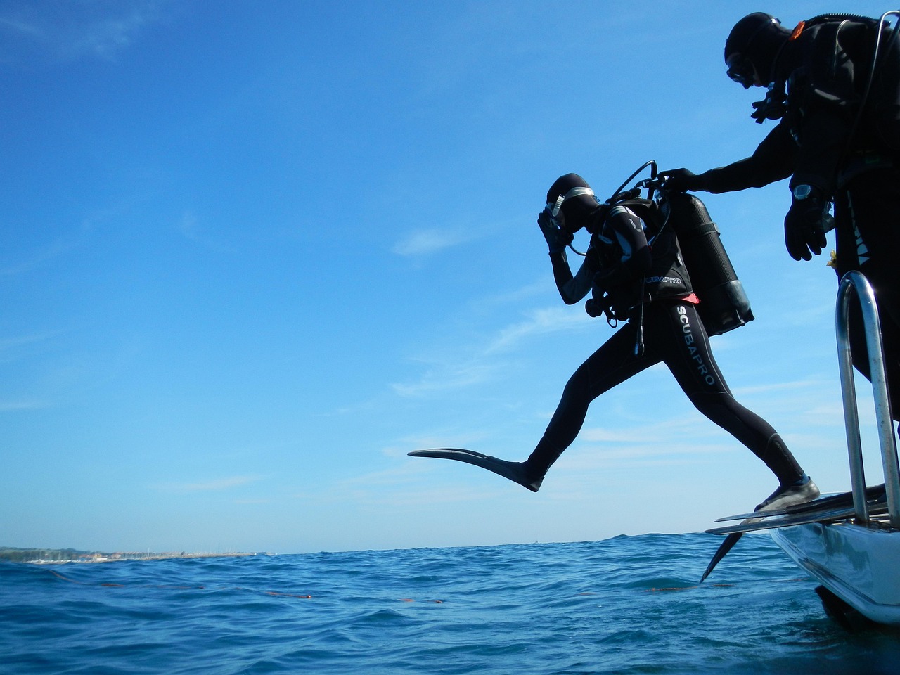 sub, nature, diving, scuba, giant step, diver, boat, sea
