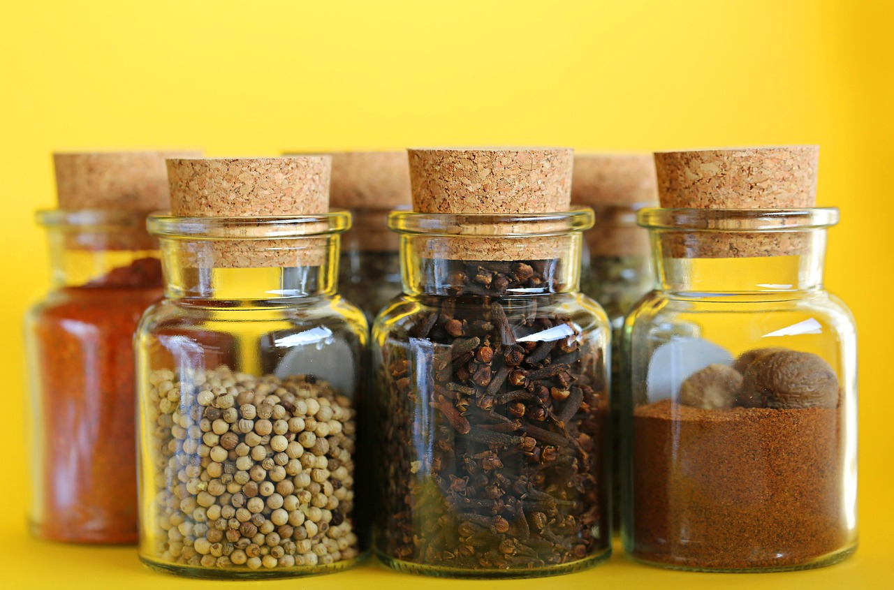 spices, kit, yellow background, jar, cup, container, spice, seasoning, bottle, nature, grass, herbal, aromatic, pepper, 