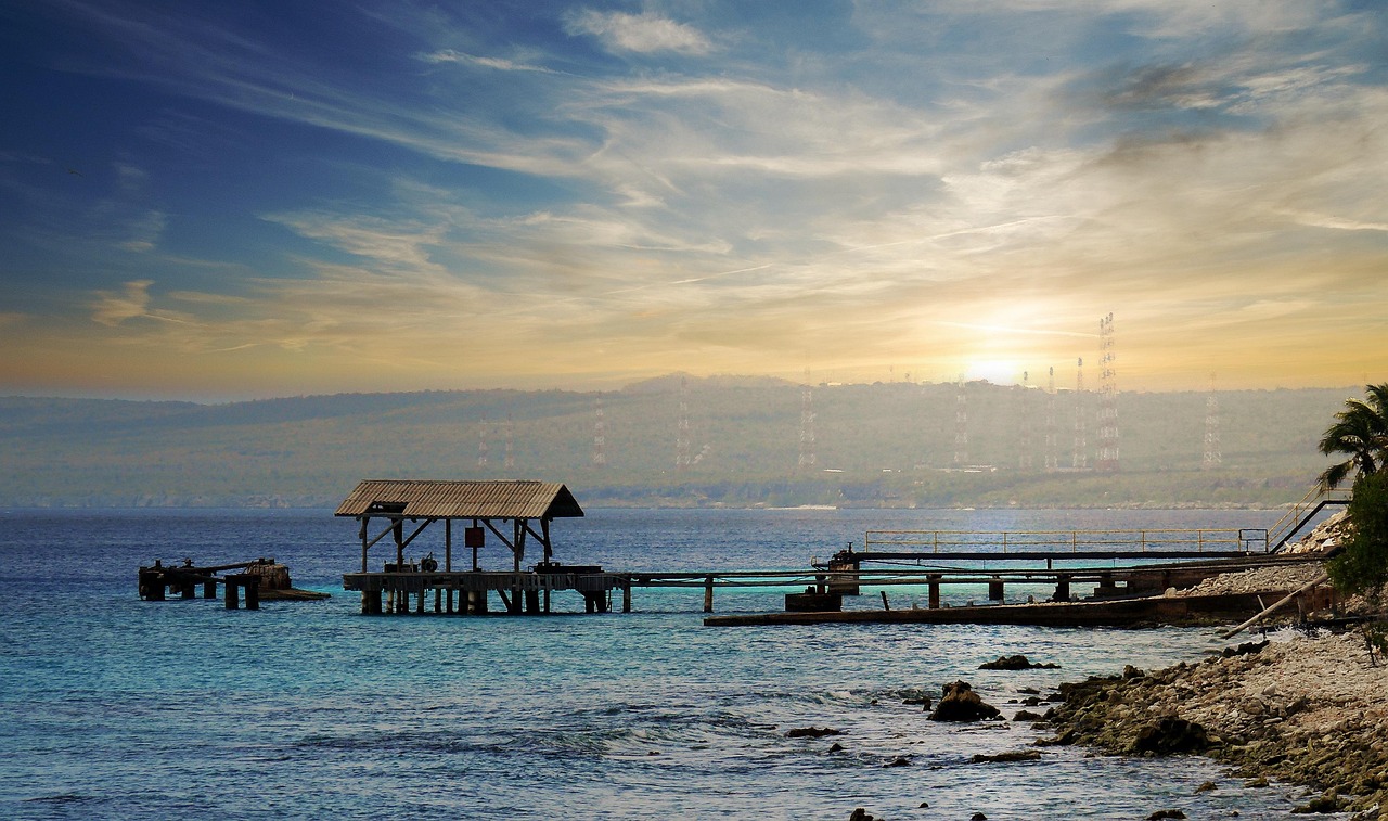 sea, sunset, pier, coast, shore, waves, nature, caribbean, bonaire